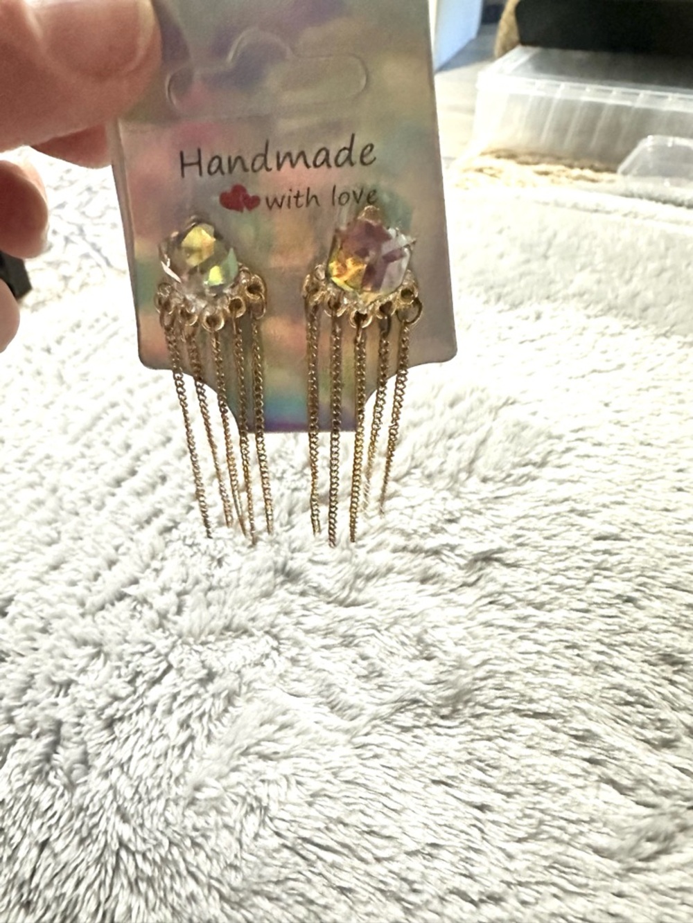 Handmade Iridescent Teardrop Dangle Earrings with Gold Chains